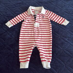 Ralph Lauren Infant Size 6 Mo Red & White Collared 💯Cotton Long Sleeve Romper